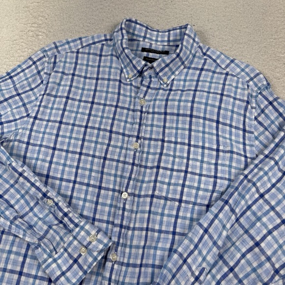 Banana Republic Shirt Men's Large‎ Camden Standard Fit 100% Linen Blue Plaid - Picture 2 of 10